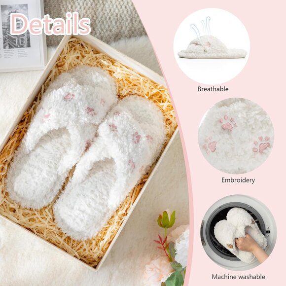 ⚡Women’s White Cat Paw Faux Fur Cozy Fuzzy Cross Band Slippers House Shoes - Picture 4 of 6